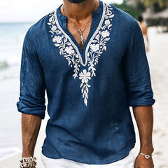 【24-hour shipping out】Men's Vintage Casual Embroidered Cotton and Linen Henley Collar Long Sleeve Shirt 39916816TO