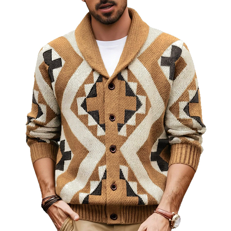 Men's Retro Geometric Jacquard Collar Knit Button Cardigan MTA0627K4X