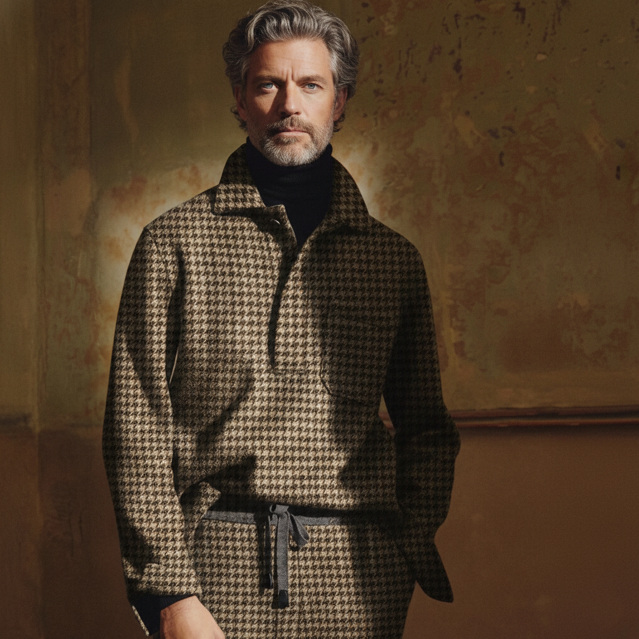 Men's Classic Light Business Style Houndstooth Wool Polo Shirt MTA0463K8K