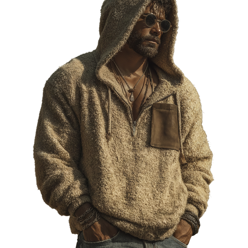 Men's Urban Warm Khaki Fleece Zipper Collar Hoodie MTA2014K8U