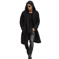 Men's Autumn And Winter Fashion Solid Color Cotton Yarn Knitted Long Hooded Cardigan MTA2378I9P