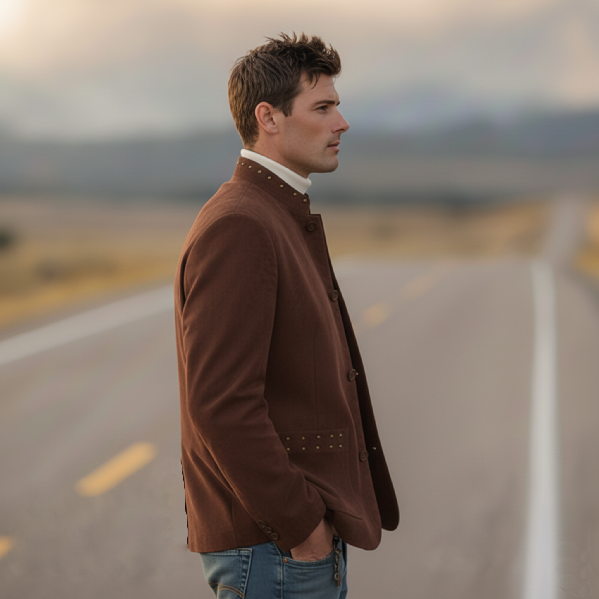 Men's Classic Retro Western Style Stand-up Collar Metal Studded Faux Suede Jacket MTA1045K4K