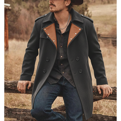 Men's Color-blocked Wool Blend Spliced PU Long Coat MTA2210K2X