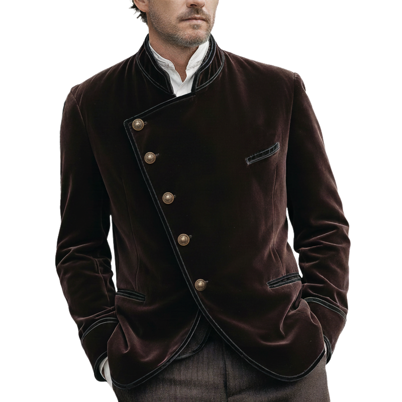 Men's Retro Stand Collar Diagonal Button Single Vent Velvet Jacket MTA2150K3U