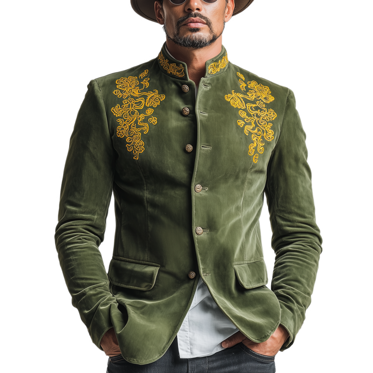Men's Classic Retro Stand Collar Embroidered Faux Velvet Slim Fit Jacket MTA0401L4K