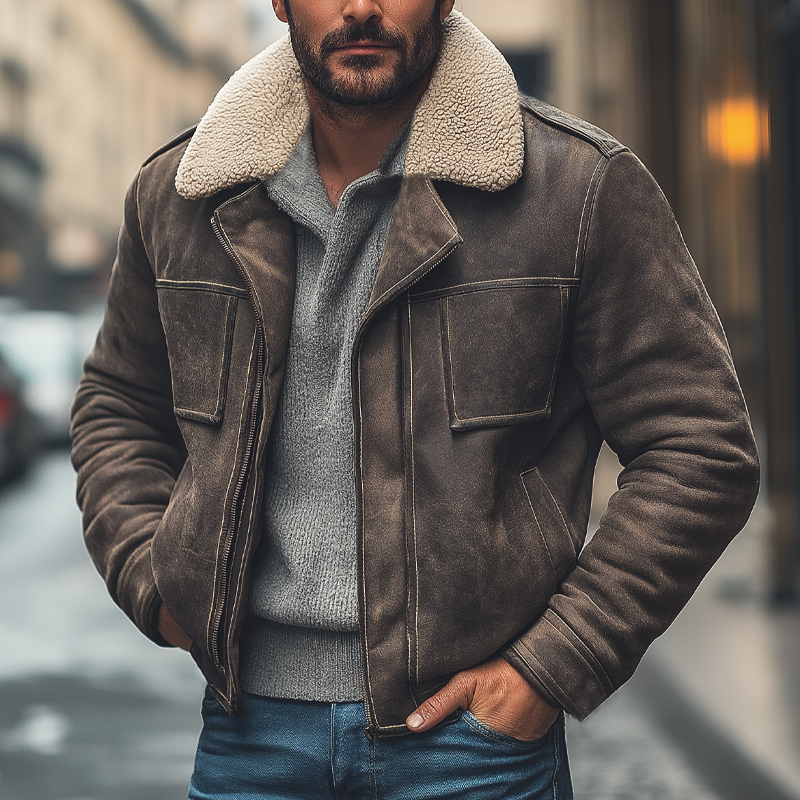 Men's Winter Suede Patchwork Lamb's Wool Collar Zip-up Jacket Jacket MTA0389K2U