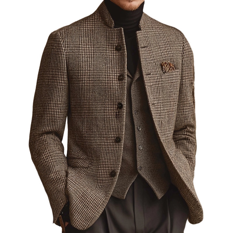 Men's Retro Casual Tweed Plaid Stand Collar Jacket  MTA1165K3TO