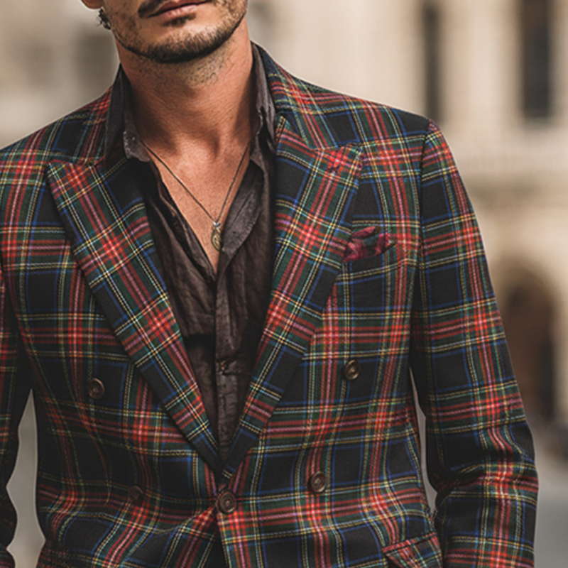 Men's Retro Plaid Print Lapel Blazer  MTA2471K7X