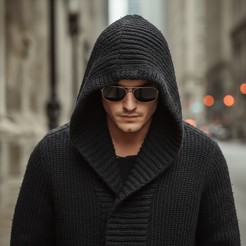 Men's Autumn And Winter Fashion Solid Color Cotton Yarn Knitted Long Hooded Cardigan MTA2378I9P