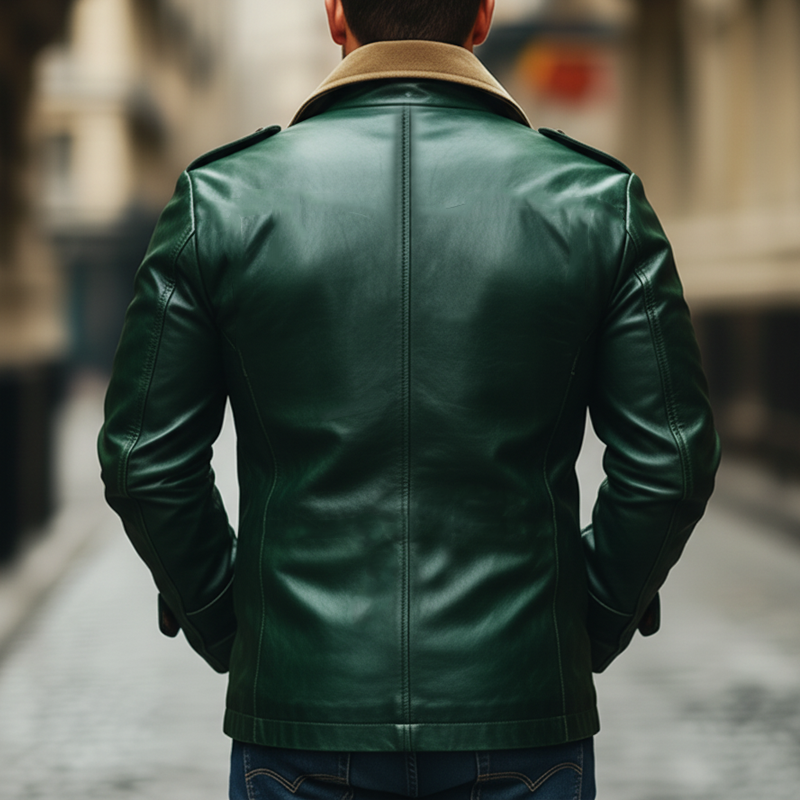 Men's Retro Color-Blocked Collar Green PU Leather Short Coat MTA1425K7U