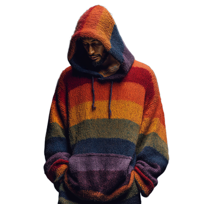 Men's Retro Casual Rainbow Knitted Hooded Pullover Sweater MTA2227K1TO