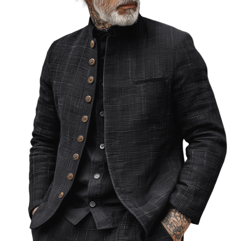 Men's Woven Textured Plaid Stand Collar Single-Breasted Jacket MTA2897H4Z