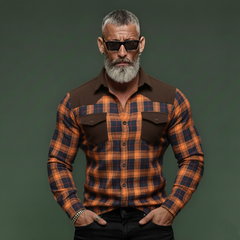 Men's Classic Casual Rugged Style Patchwork Faux Suede Slim-fit Plaid Brushed Long-sleeved Shirt MTA1370K5K