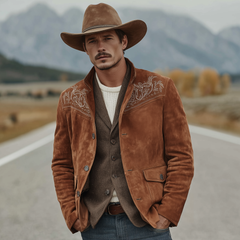 Men's Classic Retro Western Style Embroidered Stand-up Collar Faux Suede Jacket MTA2422K6K