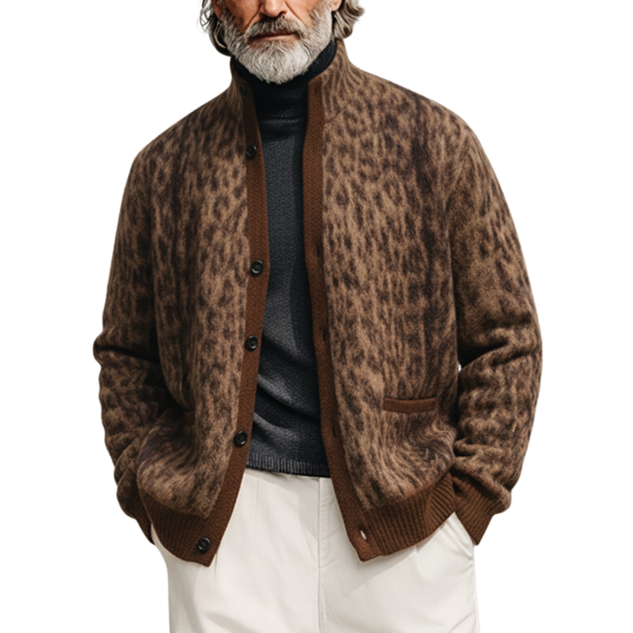 Men's Classic Casual Stand Collar Leopard Print Cardigan MTA0536K2K