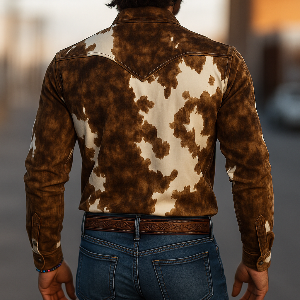 Men's Retro Casual Western Style Cow Print Suede Lapel Long Sleeve Shirt MTA1964H9TO