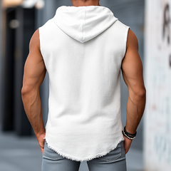 Men's Retro Casual Solid Color Linen Raw Edge Hooded Tank Top MTA2534F3TO