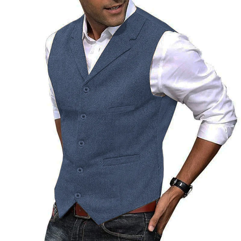 Men's Vintage Herringbone Lapel Single Breasted Slim Fit Suit Vest 34062296M