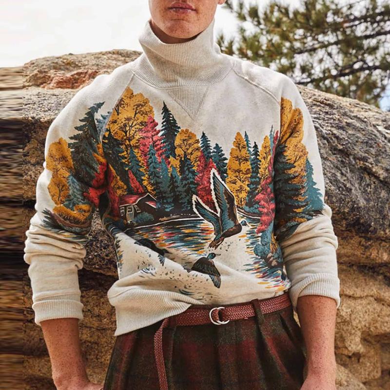 Men's Vintage Turtleneck Printed Long Sleeve Knitted Pullover Sweater 98581179M