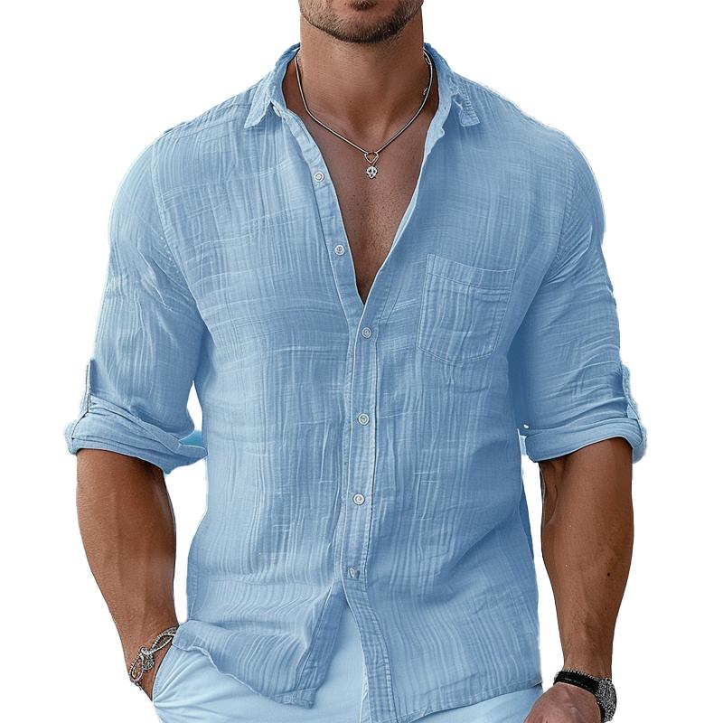 Men's Solid Color Cotton and Linen Lapel Long-sleeved Shirt 00843185X