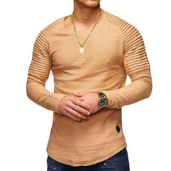 Men's Casual Solid Color Pleated Stitching Round Neck Long Sleeve T-Shirt 46273311M