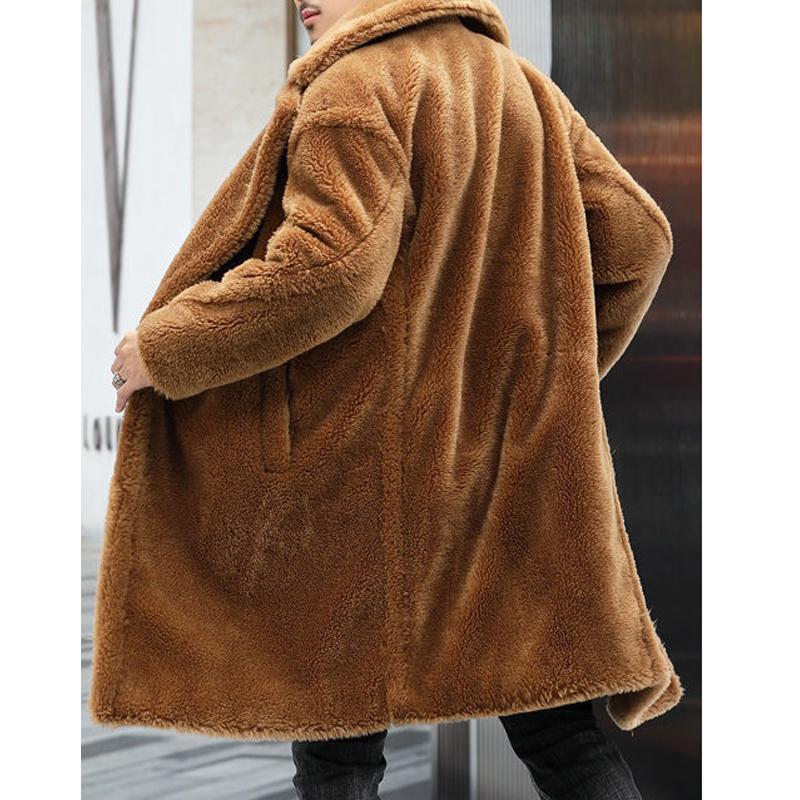 Men's Warm Solid Color Teddy Plush Lapel Long Coat 00244387Y