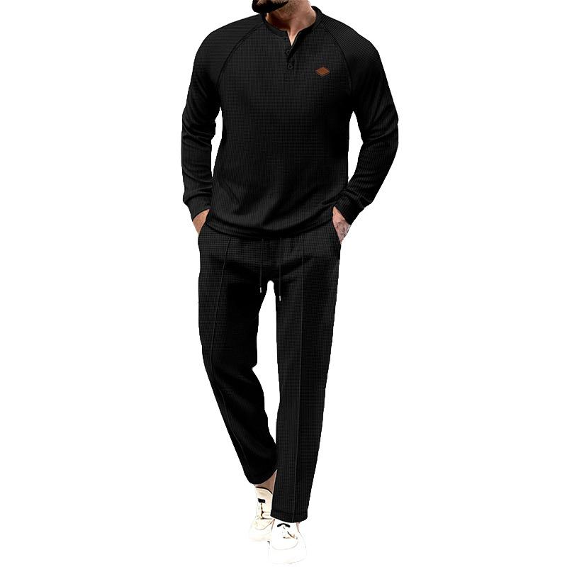 Men's Solid Color Waffle Henley Long Sleeve Pants Set 12318633Y