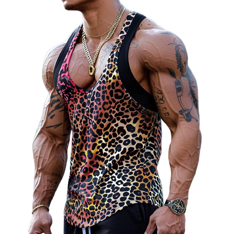 【CLEARANCE】Men's Sexy U-Neck Leopard Print Cotton Blend Patchwork Tank Top 03756297M