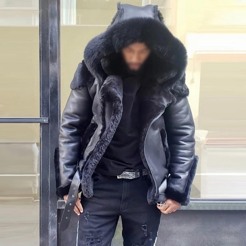 Men's Vintage Thickened Imitation Fur Zipper Motorcycle Jacket 69573356M