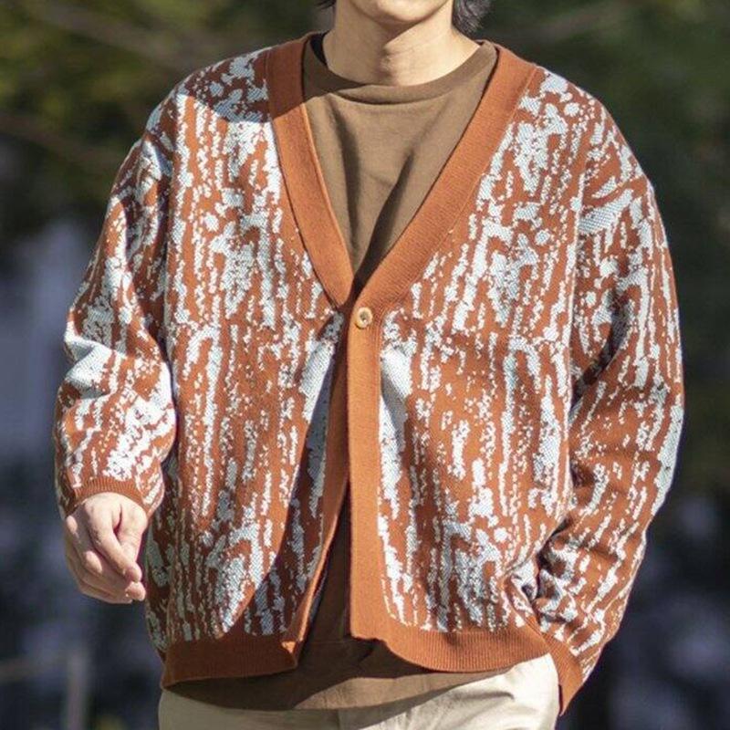 Men's Vintage V-Neck Thick Jacquard Knitted Cardigan 14694179M