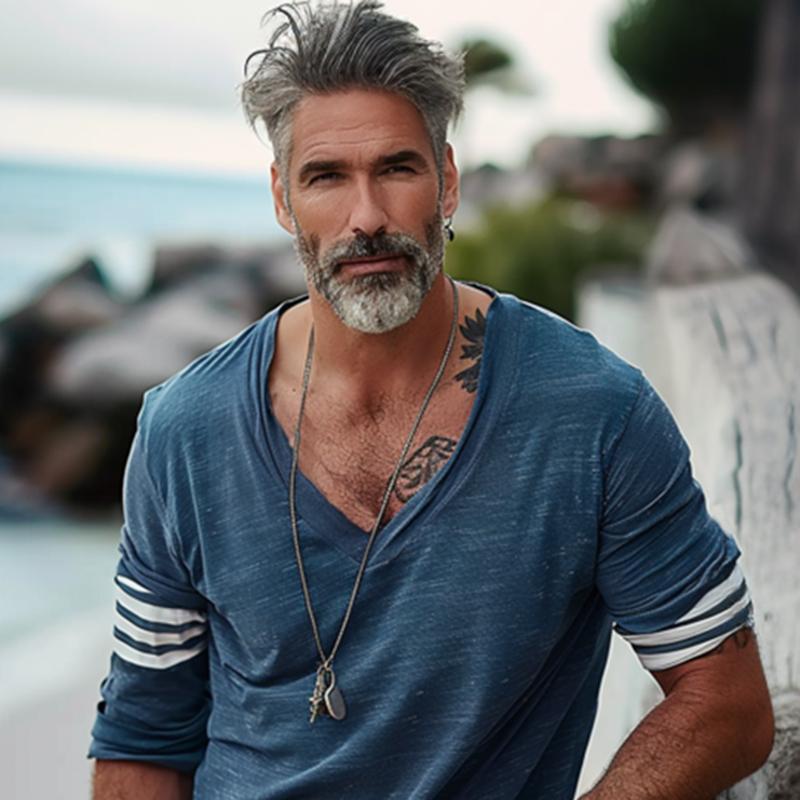 Men's Loose V-Neck Striped Patchwork Cotton Long-Sleeved T-Shirt 66090274Y