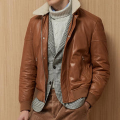 Men's Vintage Fur Collar Zip Fly Patchwork Leather Bomber Jacket 42195328M