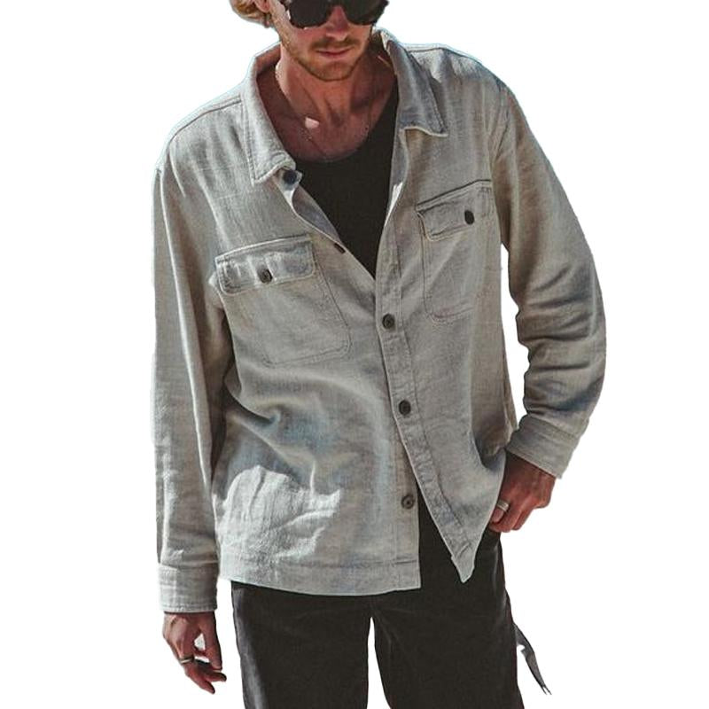 Men's Solid Color Multi Pocket Long Sleeve Lapel Shirt 77310747X