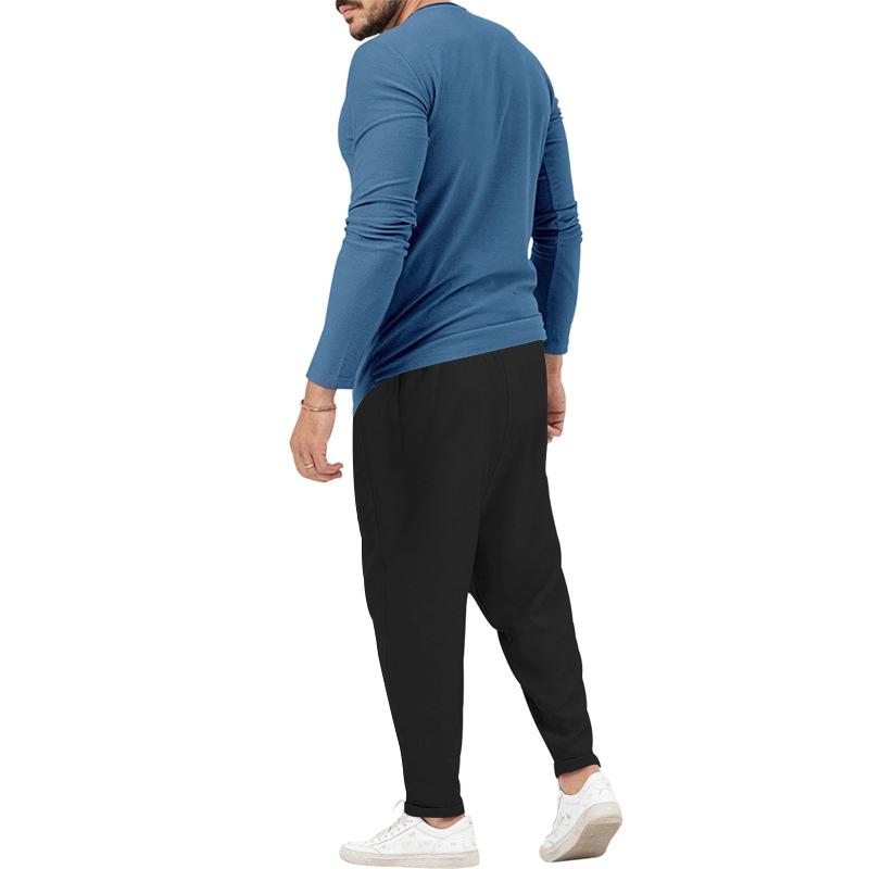 Men's Solid Color Casual Long Sleeve Henley T-Shirt Trouser Set 72706978X