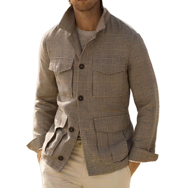Men's Vintage Classic Check Multi Pocket Single Breasted Lapel Long Sleeve Jacket 94035140M