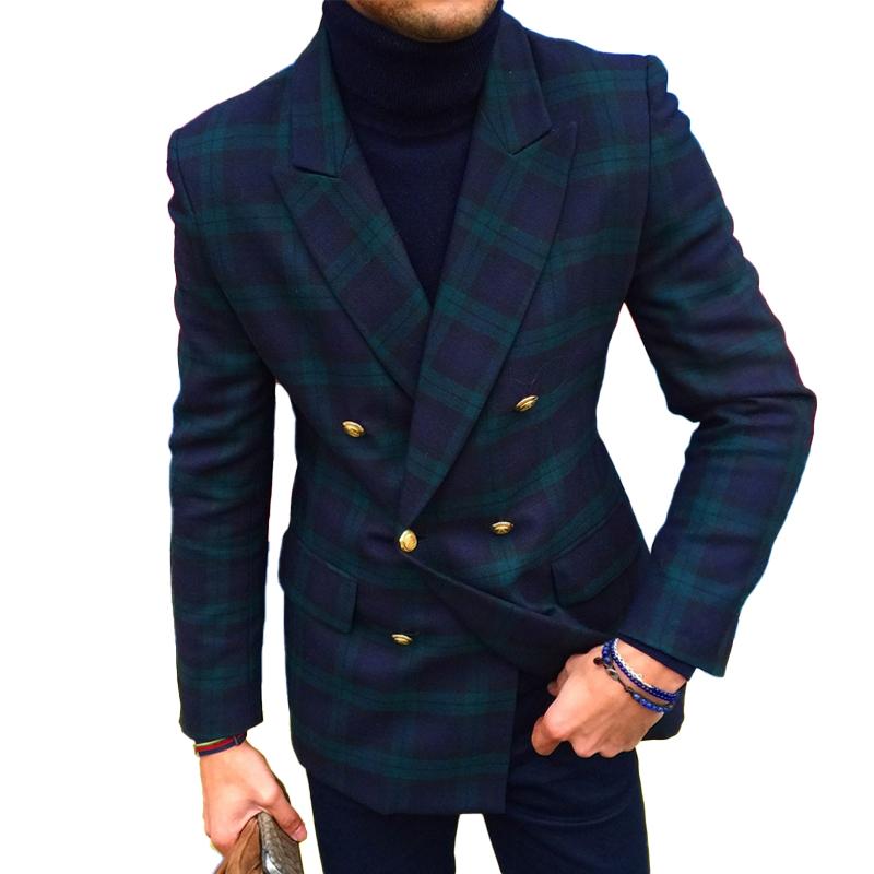Men's Vintage Plaid Notch Lapel Double-Breasted Flap Pockets Blazer 20584917M