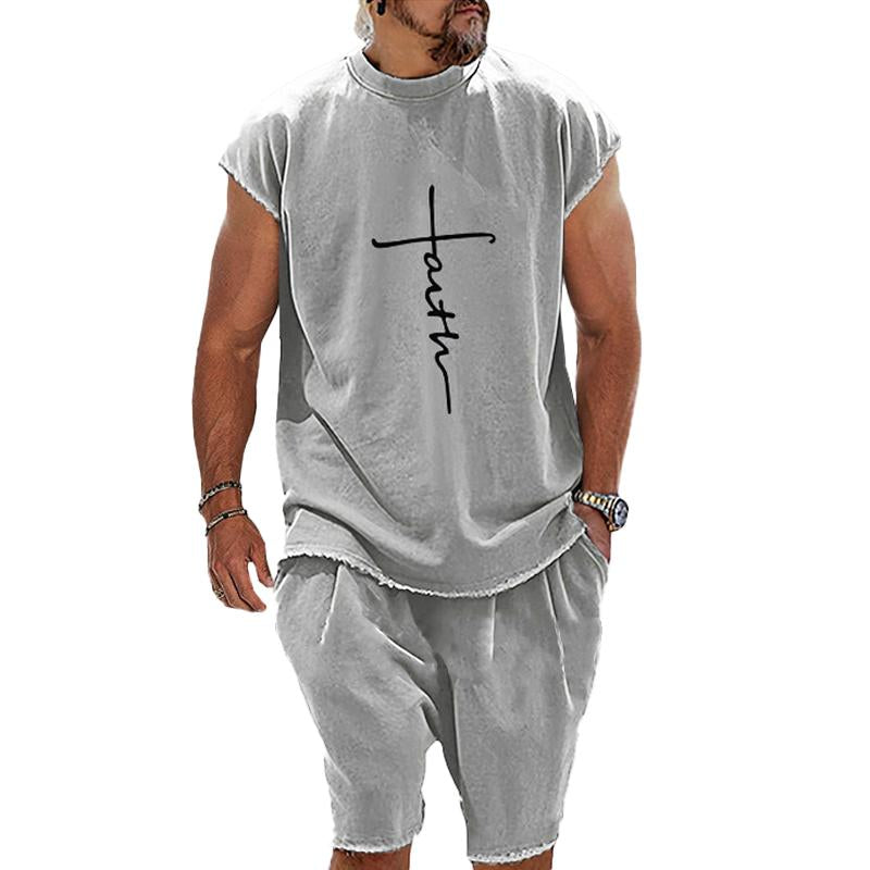 Men's Vintage Cross Print Round Neck T-Shirt Shorts Set  73332092X