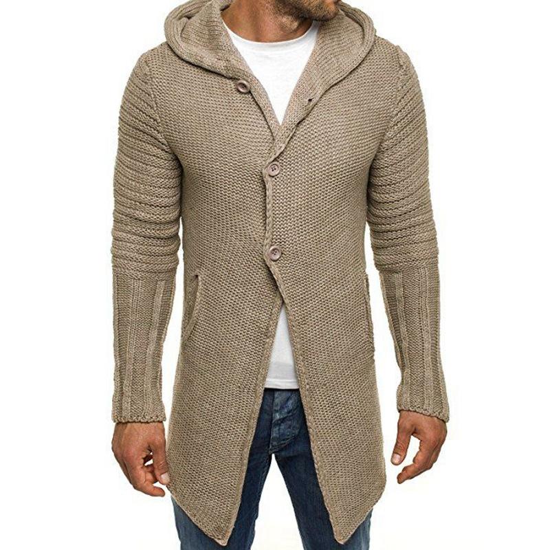 Men's Casual Hooded Single Breasted Long Sleeve Mid Length Knit Cardigan 90721661M