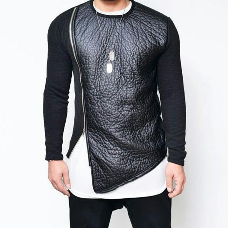 Men's Pu Leather Stitching Zip-up Round Neck Long-sleeved T-shirt（Internal T-shirt not included) 12785925U