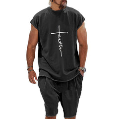 Men's Vintage Cross Print Round Neck T-Shirt Shorts Set  73332092X