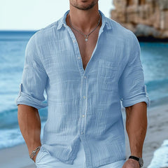 Men's Solid Color Cotton and Linen Lapel Long-sleeved Shirt 00843185X