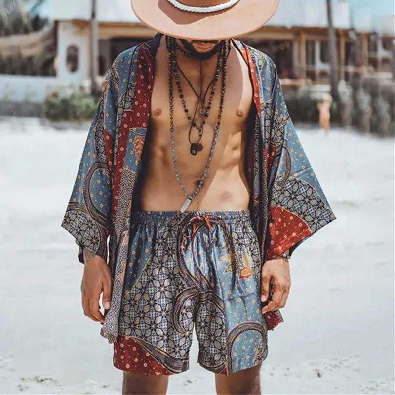 Men's Vintage Print Beach Loose Cardigan Shorts Set 21232142Y