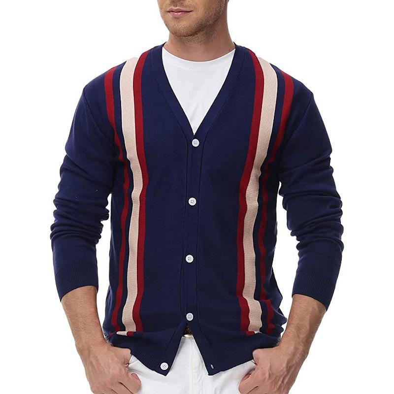 Men's Striped Single Breasted Knit Cardigan Sweater 08477989X