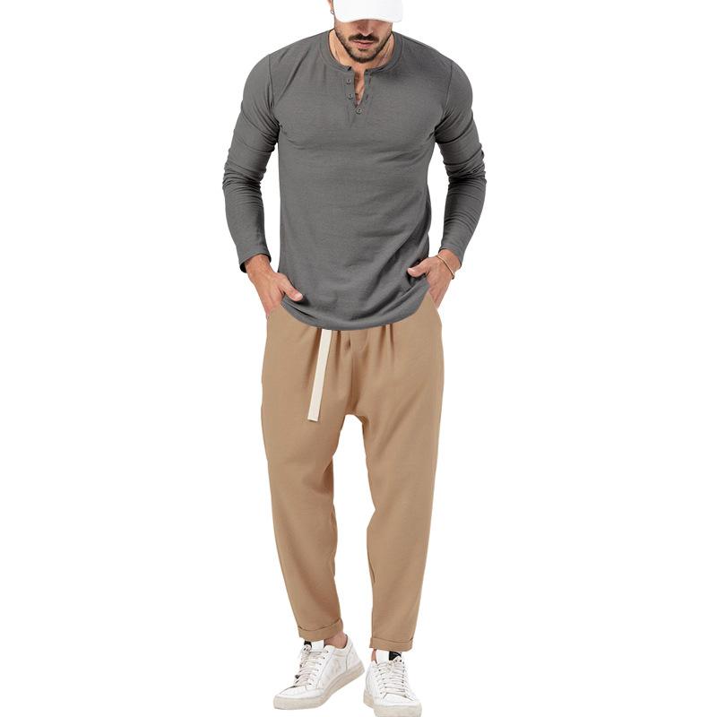 Men's Solid Color Casual Long Sleeve Henley T-Shirt Trouser Set 72706978X