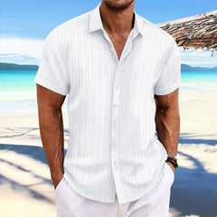 【24-hour shipping out】Men's Cotton Linen Stripe Print Loose Short Sleeve Lapel Shirt 89995369X