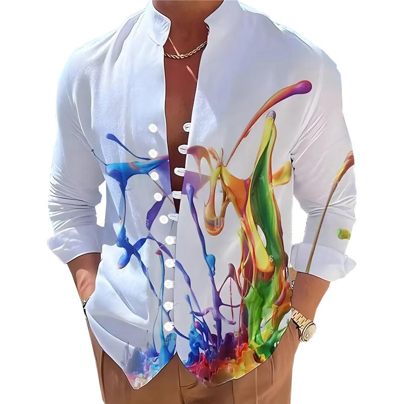 Men's Stand Collar Button Printed Long Sleeve Shirt 19890785X