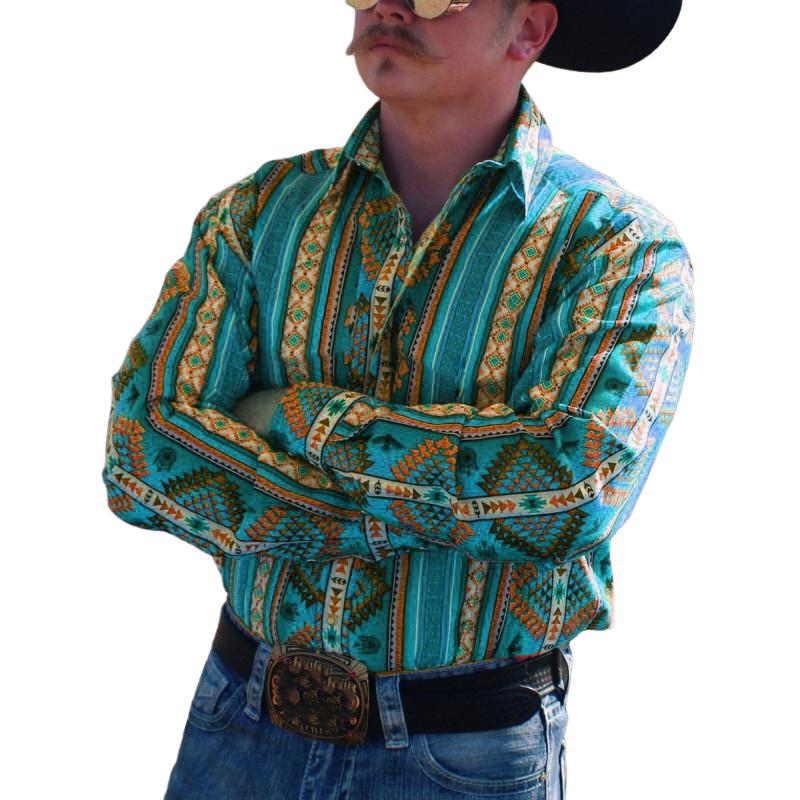 【24-hour shipping out】Men's Western Cowboy Stripe Printed Vacation Long Sleeve Shirt 43560067X