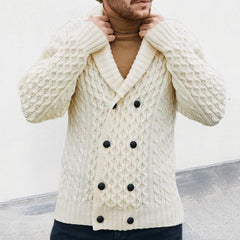 Men's Solid Lapel Double Breasted Cable  Knit Cardigan 17421212Z
