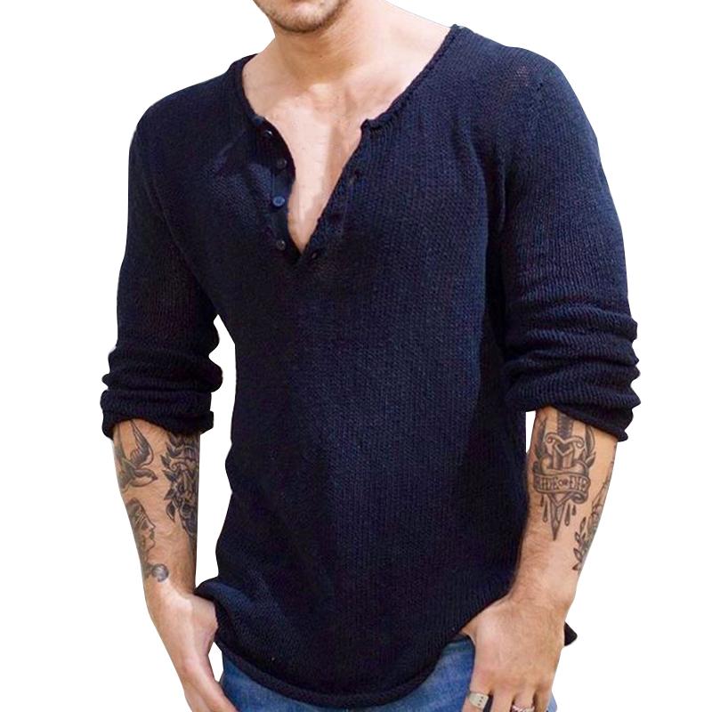 Men's Solid Color V-Neck Long-Sleeved Sweater 70257064Y