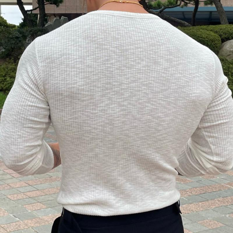 Men's V-neck Long-sleeved Striped Solid Color T-shirt 21770042X